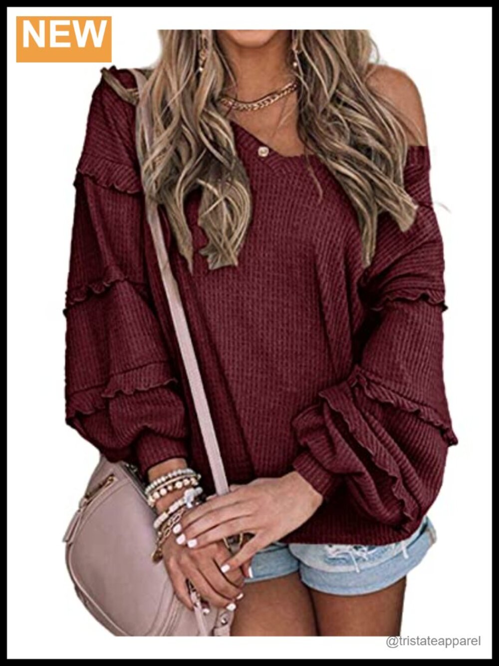 Waffle Knit Blouse Long Sleeve Off Shoulder V Neck Ruffle Top